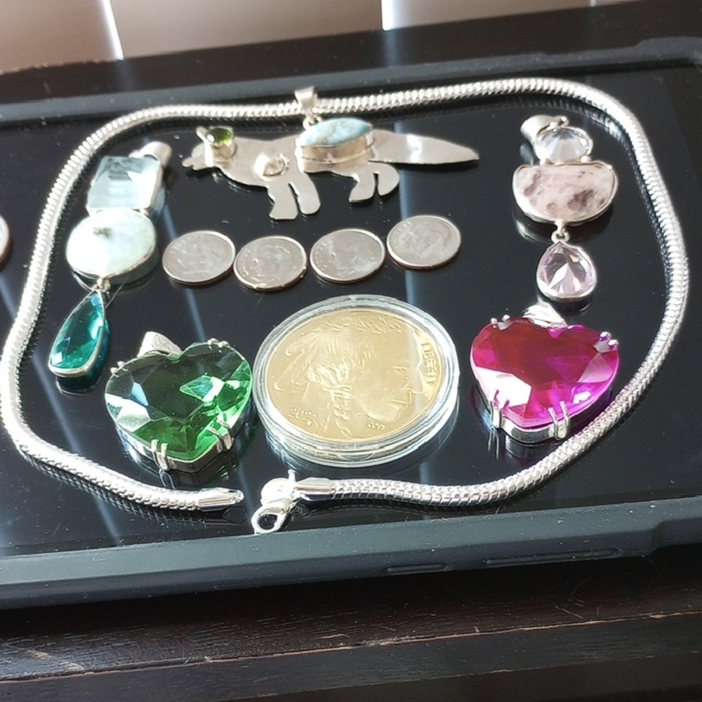 STERLING SILVER CHAIN NECKLACE + 5 INTERCHANGEABLE  PENDANTS w/  GEMSTONES; :